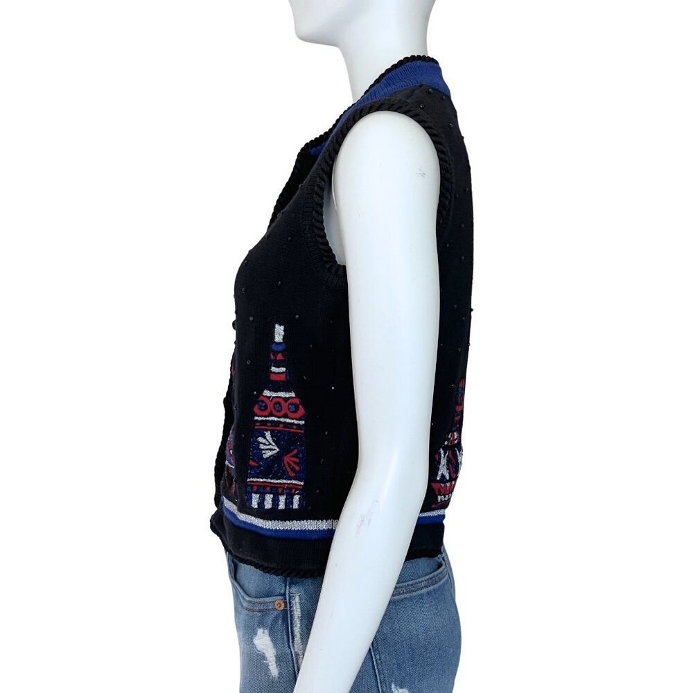 Vintage 90s Black Beaded Sweater Vest Christmas. Small. Cottagecore Embroidered - Picture 3 of 11